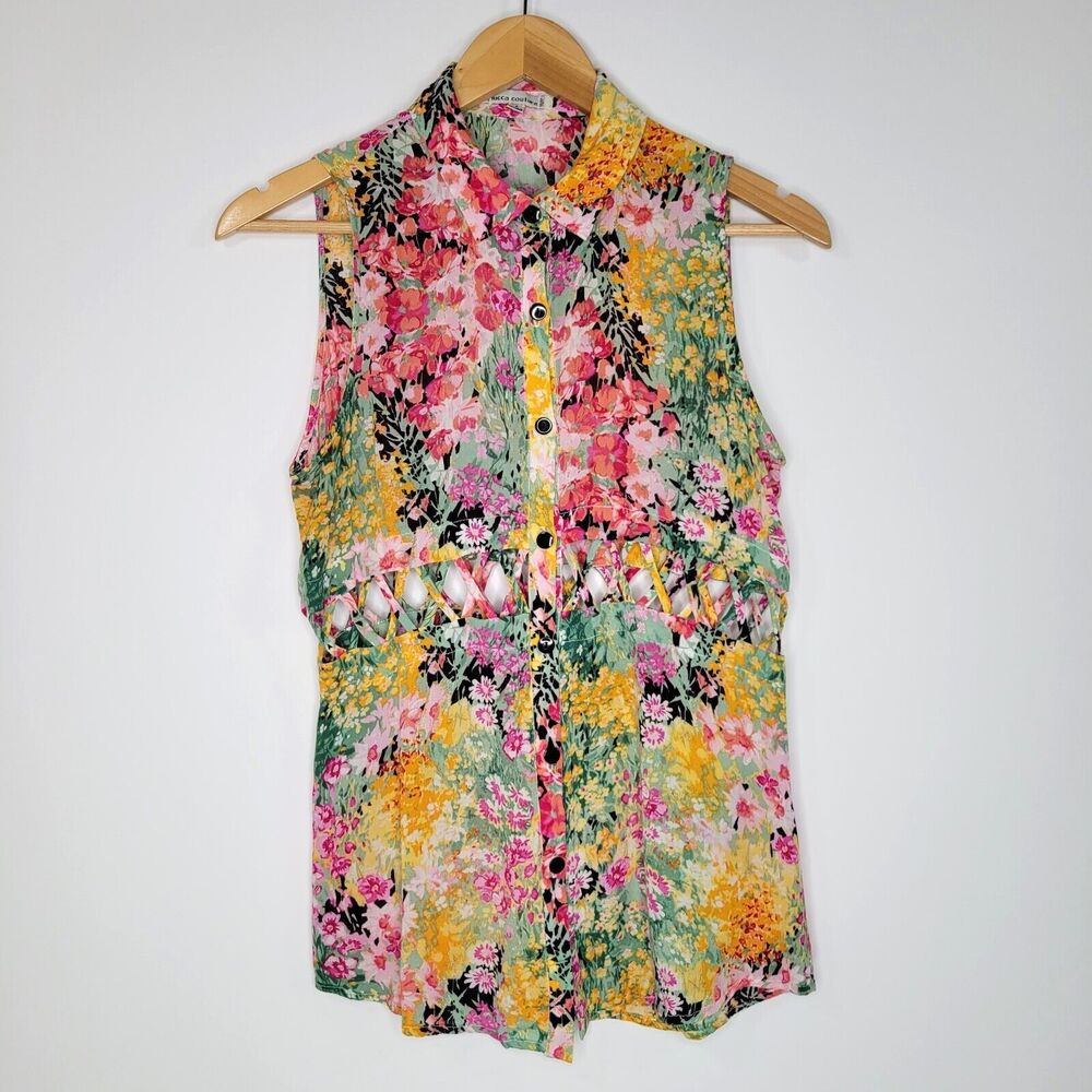 Vintage LUCCA COUTURE Floral Blouse Size S Crepe Collar Cutout Colorful Spring